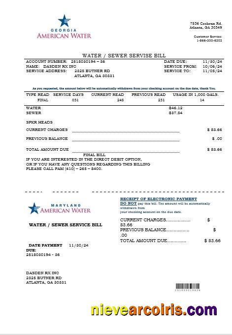 USA Maryland Georgia Water business utility bill